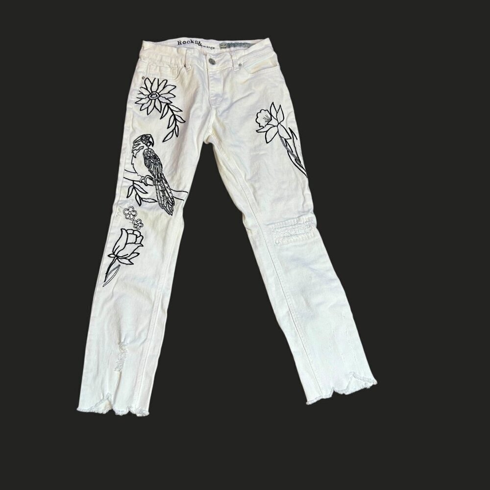 Rocks & Indigo Raw Hem White Skinny Parrot Embroidered Jeans Size 10/29